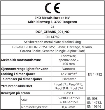 CE LABELS: Classic, Heritage, Milano, Corona Shake, Senator Shingle, Alpine Slate